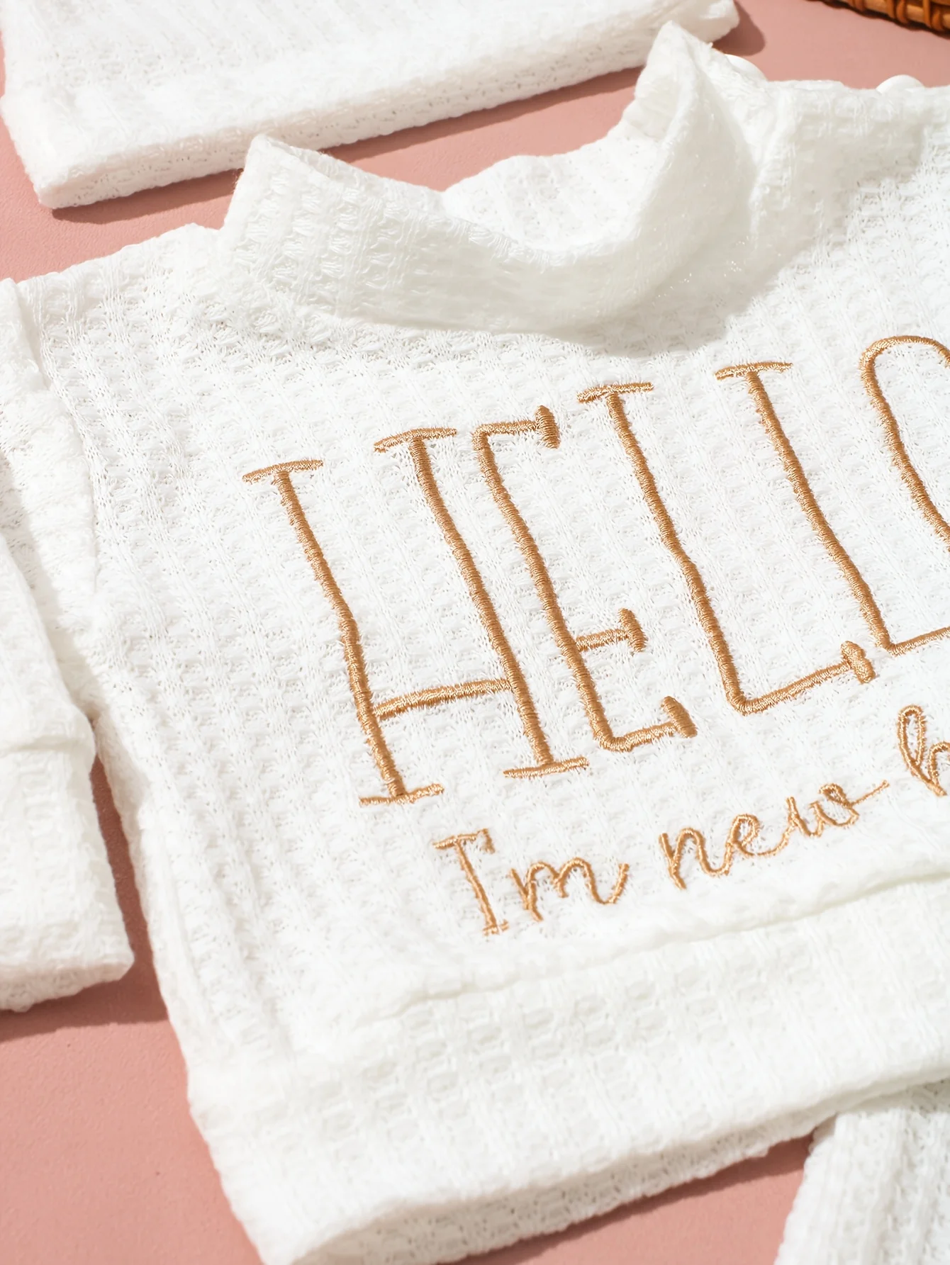 Newborn Baby 3Pcs Outfit Set ‘Hello World” Embroidery Waffle Knit Long Sleeve Top Pants Hat Infant Coming Home Clothes 0-3M
