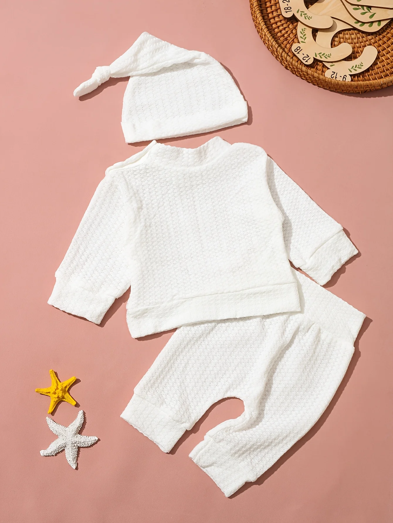 Newborn Baby 3Pcs Outfit Set ‘Hello World” Embroidery Waffle Knit Long Sleeve Top Pants Hat Infant Coming Home Clothes 0-3M