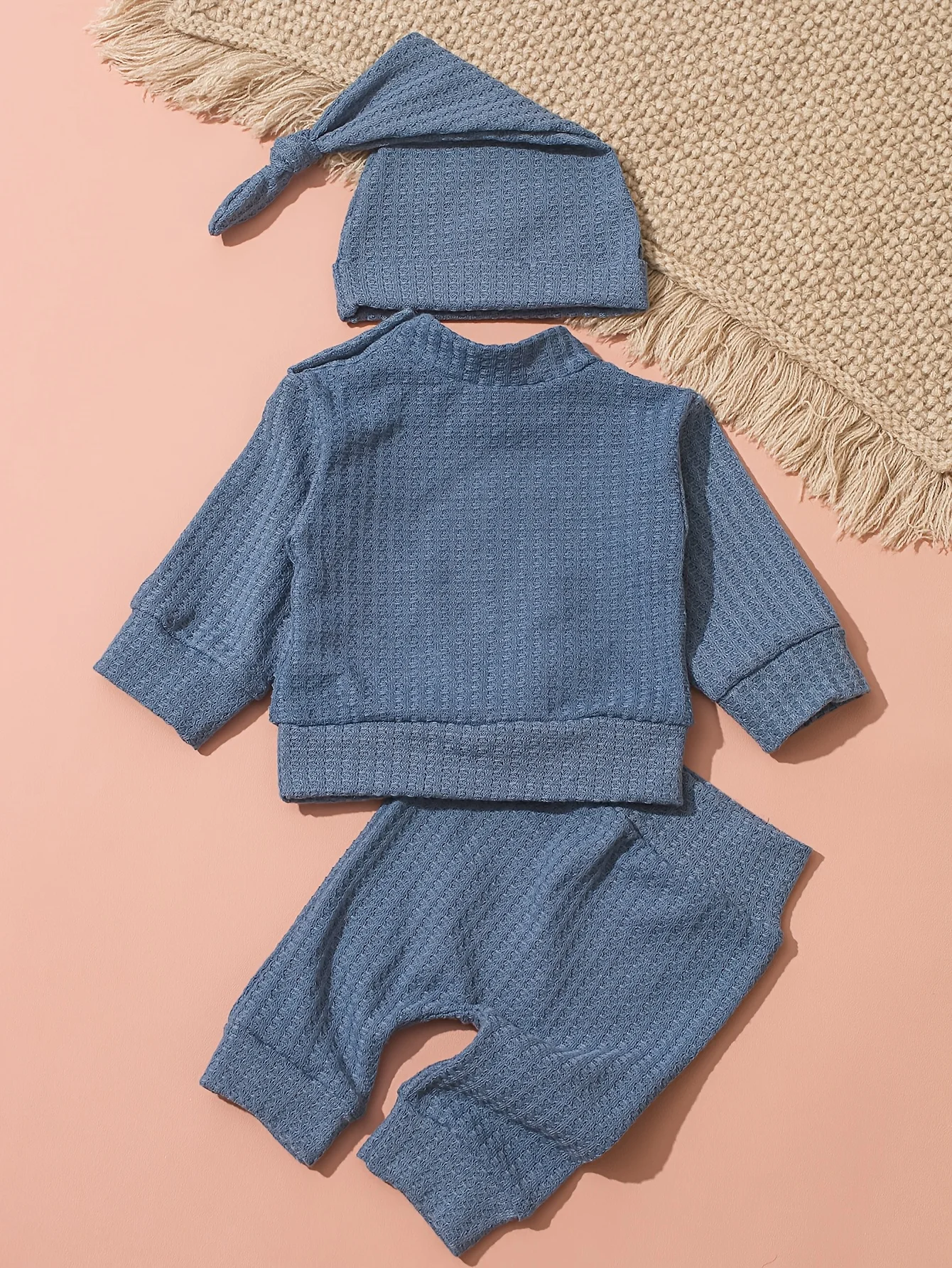 Newborn Baby 3Pcs Outfit Set ‘Hello World” Embroidery Waffle Knit Long Sleeve Top Pants Hat Infant Coming Home Clothes 0-3M