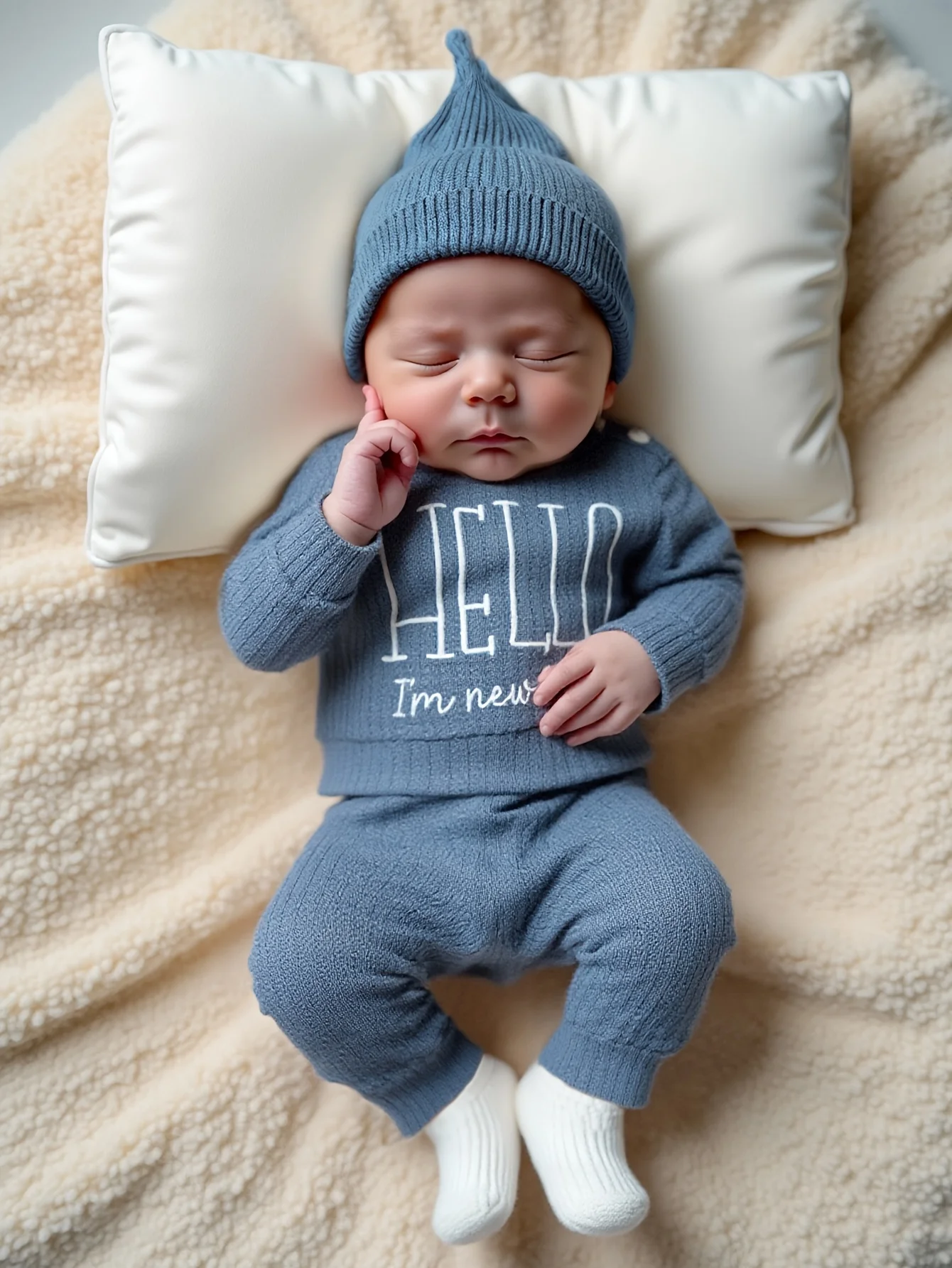 Newborn Baby 3Pcs Outfit Set ‘Hello World” Embroidery Waffle Knit Long Sleeve Top Pants Hat Infant Coming Home Clothes 0-3M