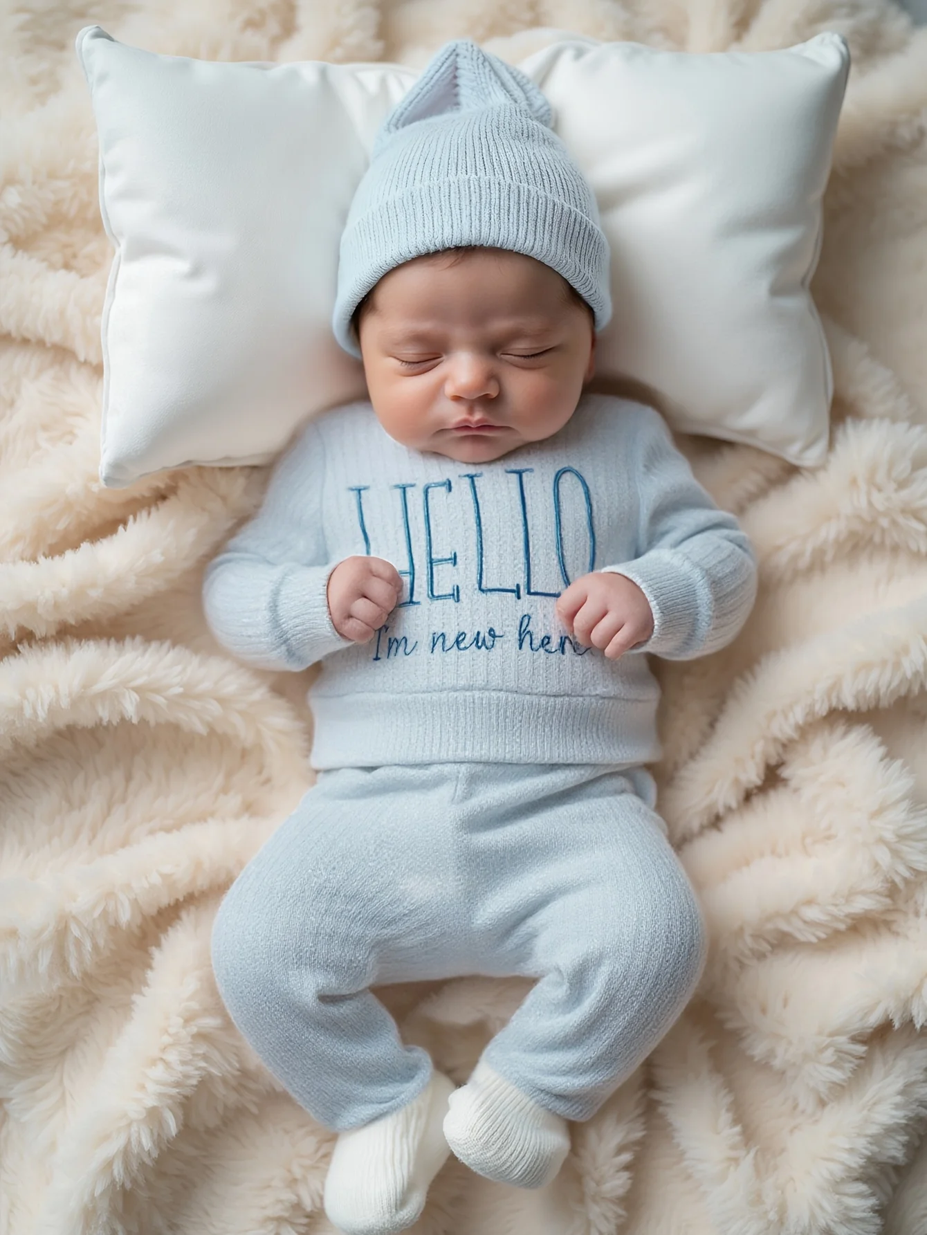 Newborn Baby 3Pcs Outfit Set ‘Hello World” Embroidery Waffle Knit Long Sleeve Top Pants Hat Infant Coming Home Clothes 0-3M