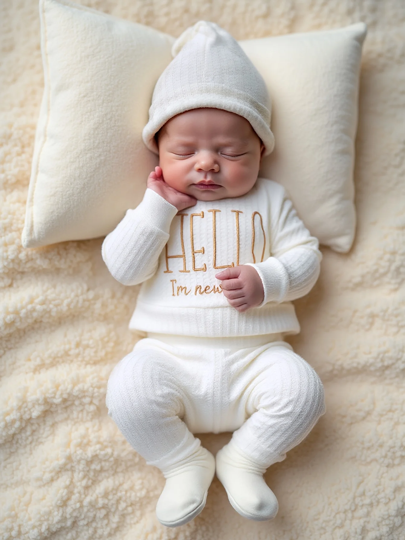 Newborn Baby 3Pcs Outfit Set ‘Hello World” Embroidery Waffle Knit Long Sleeve Top Pants Hat Infant Coming Home Clothes 0-3M