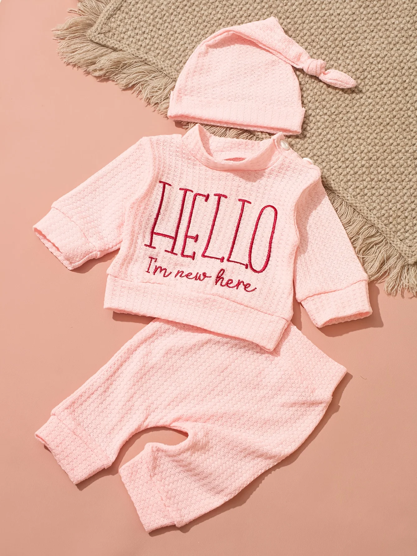 Newborn Baby 3Pcs Outfit Set ‘Hello World” Embroidery Waffle Knit Long Sleeve Top Pants Hat Infant Coming Home Clothes 0-3M