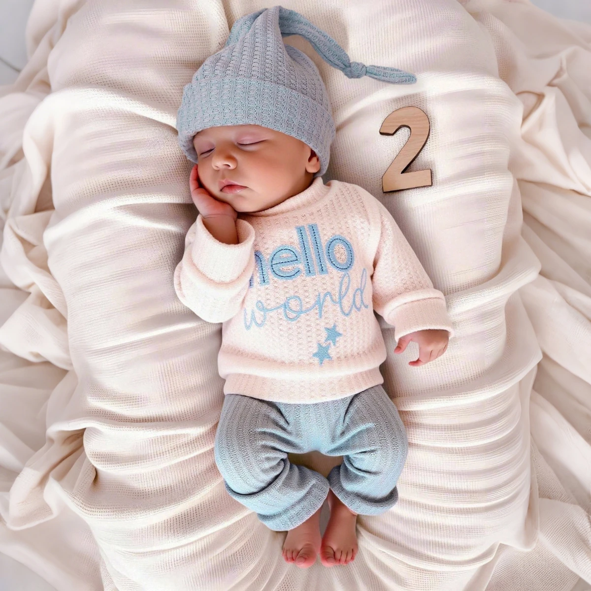 Newborn Baby 3Pcs Outfit Set ‘Hello World” Embroidery Waffle Knit Long Sleeve Top Pants Hat Infant Coming Home Clothes 0-3M