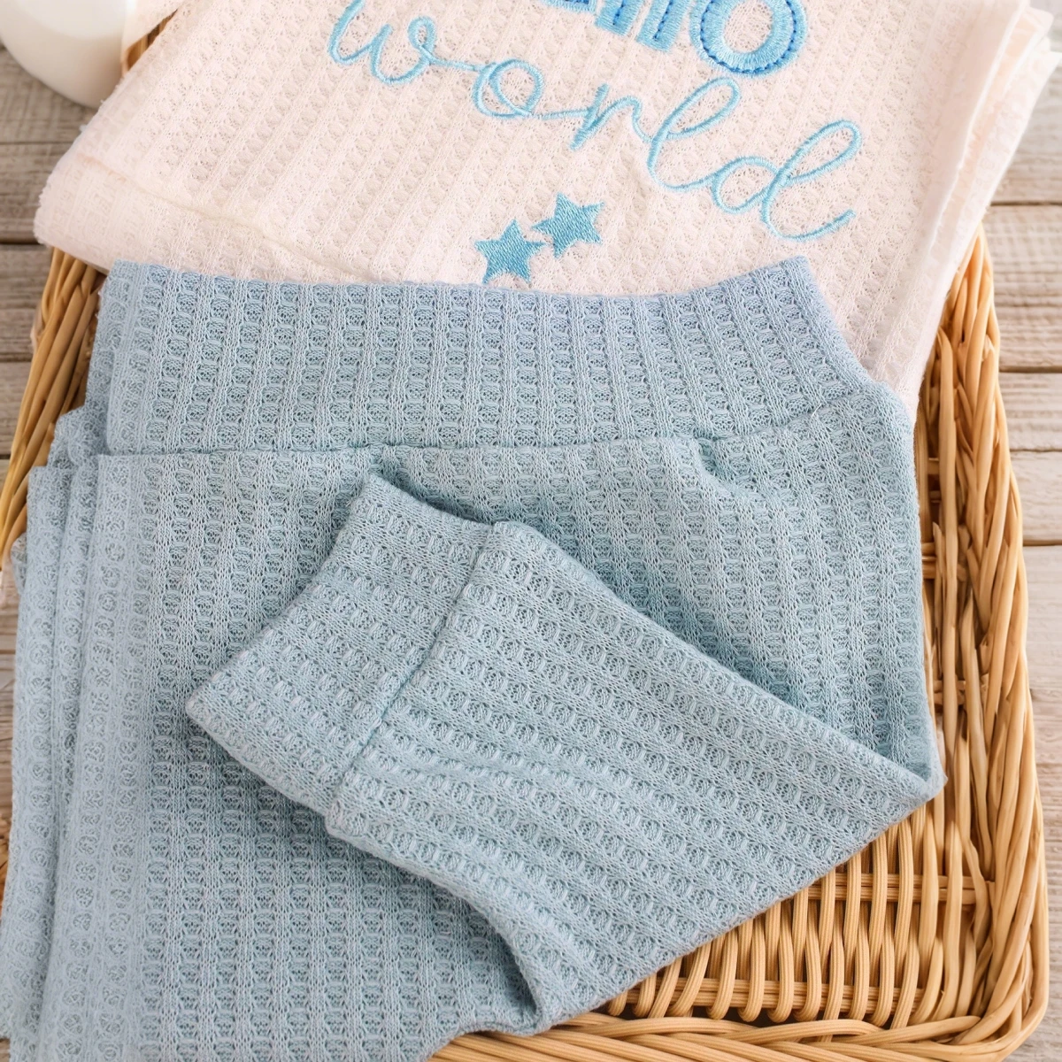 Newborn Baby 3Pcs Outfit Set ‘Hello World” Embroidery Waffle Knit Long Sleeve Top Pants Hat Infant Coming Home Clothes 0-3M