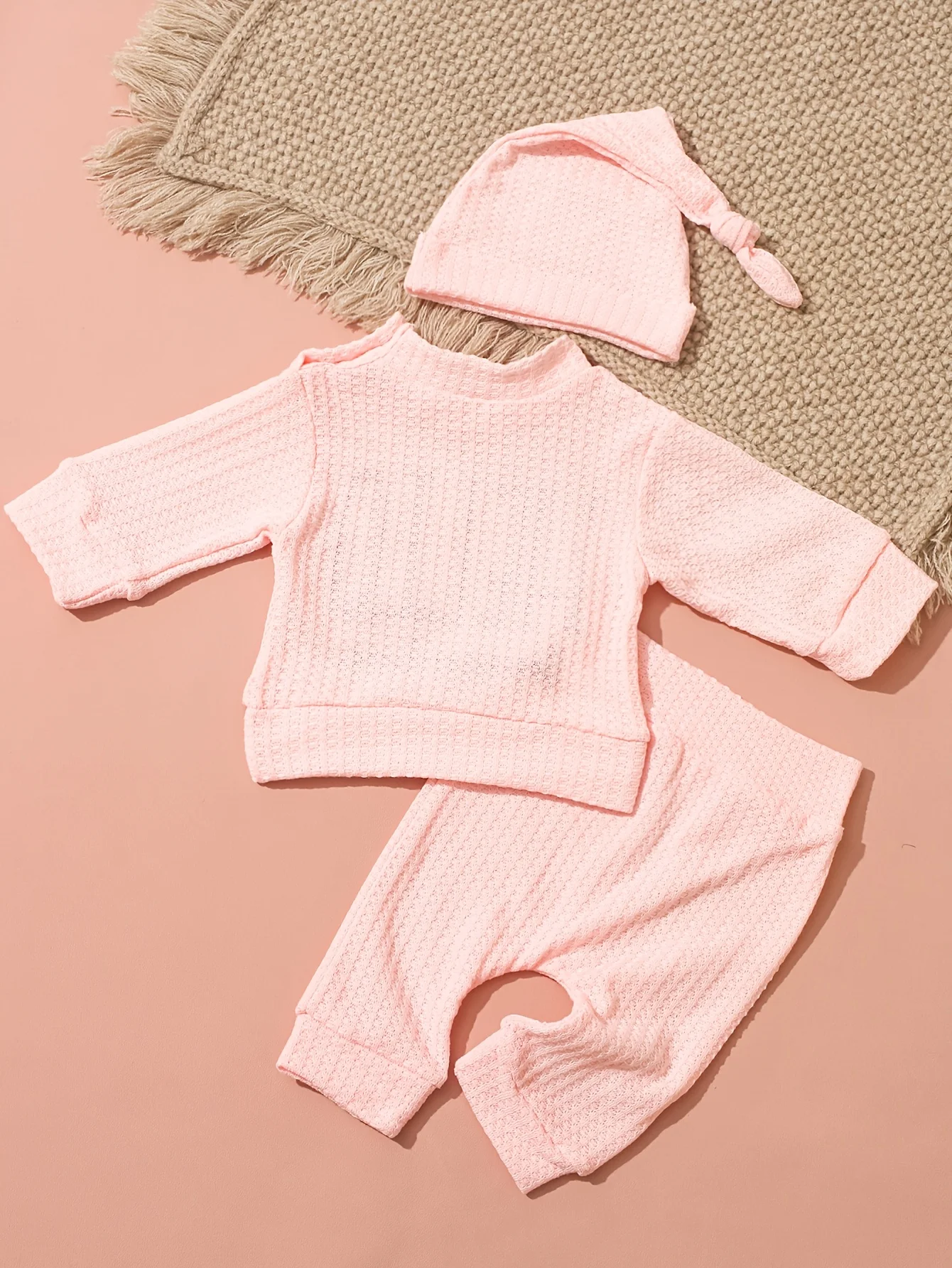 Newborn Baby 3Pcs Outfit Set ‘Hello World” Embroidery Waffle Knit Long Sleeve Top Pants Hat Infant Coming Home Clothes 0-3M