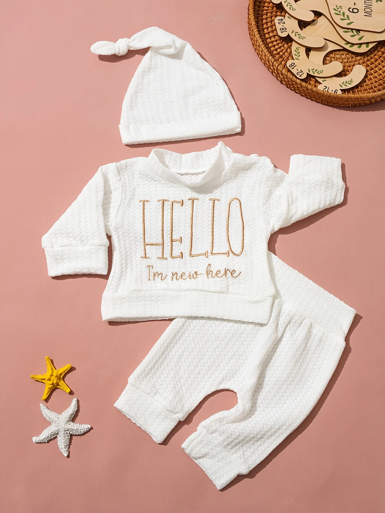Newborn Baby 3Pcs Outfit Set ‘Hello World” Embroidery Waffle Knit Long Sleeve Top Pants Hat Infant Coming Home Clothes 0-3M