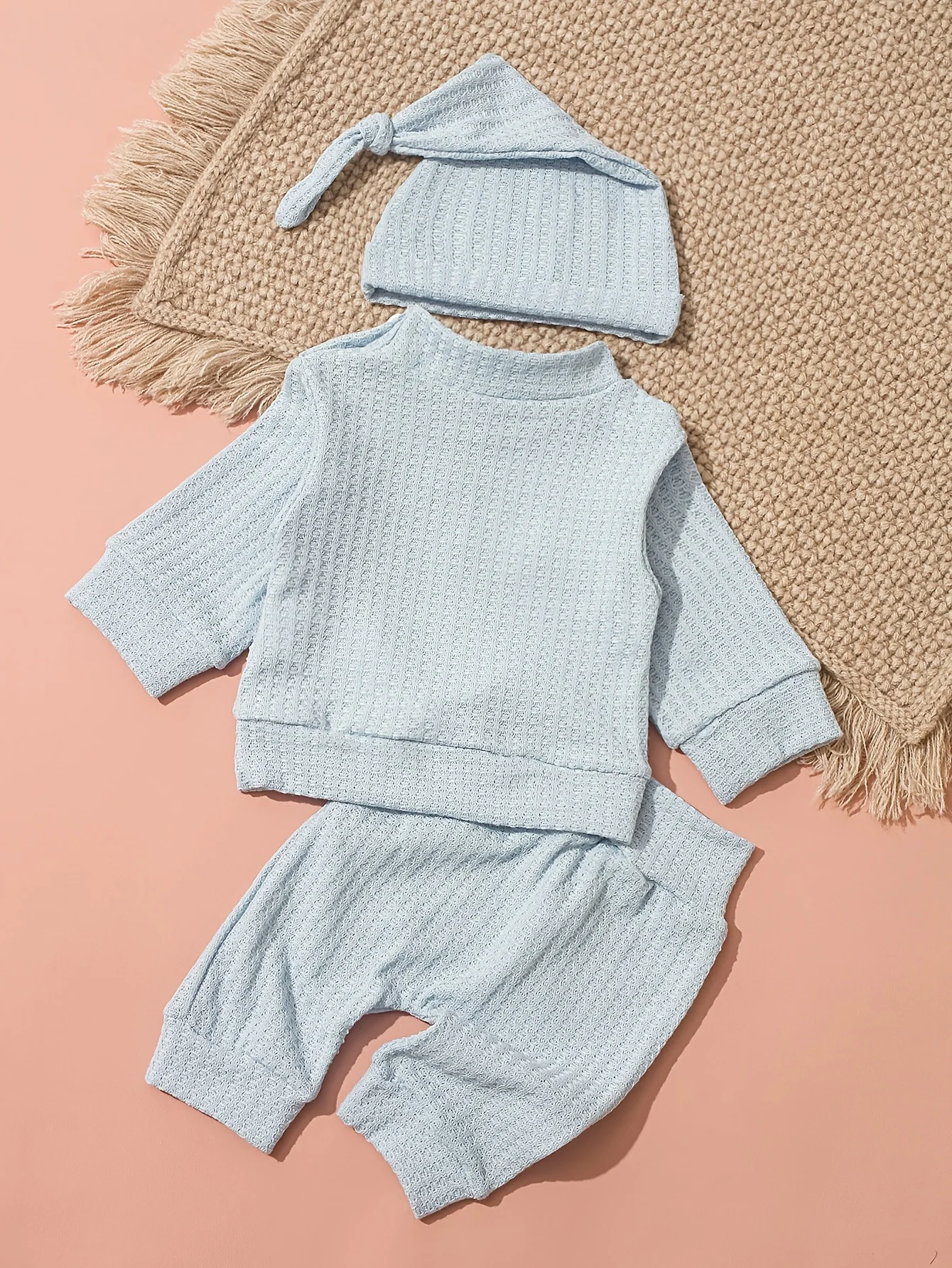 Newborn Baby 3Pcs Outfit Set ‘Hello World” Embroidery Waffle Knit Long Sleeve Top Pants Hat Infant Coming Home Clothes 0-3M