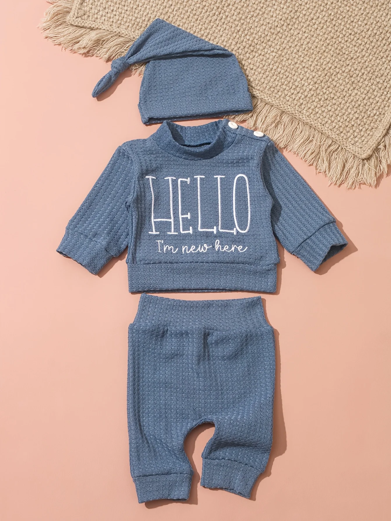 Newborn Baby 3Pcs Outfit Set ‘Hello World” Embroidery Waffle Knit Long Sleeve Top Pants Hat Infant Coming Home Clothes 0-3M