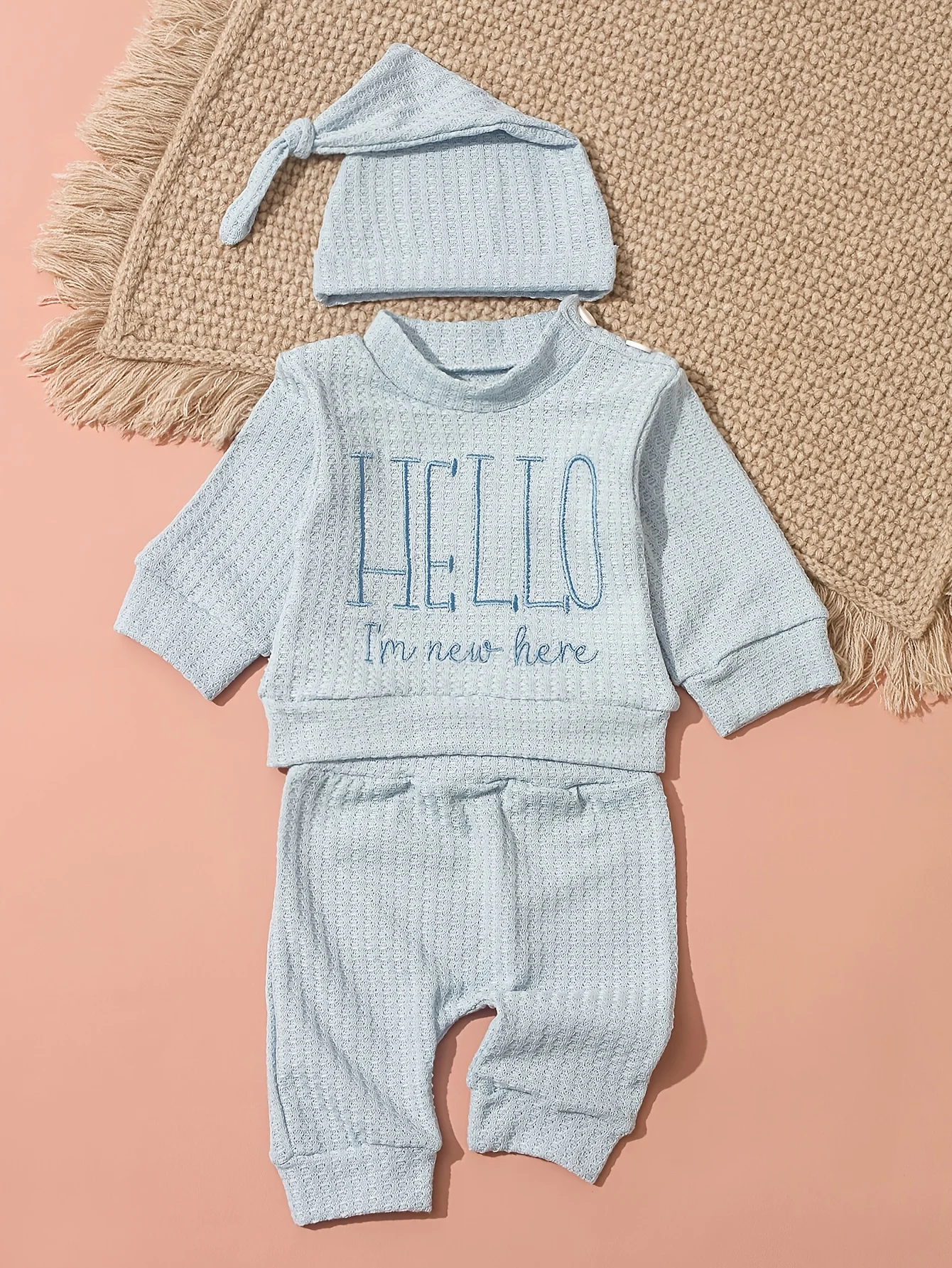 Newborn Baby 3Pcs Outfit Set ‘Hello World” Embroidery Waffle Knit Long Sleeve Top Pants Hat Infant Coming Home Clothes 0-3M