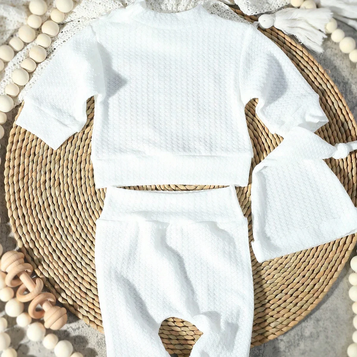 Newborn Baby 3Pcs Outfit Set ‘Hello World” Embroidery Waffle Knit Long Sleeve Top Pants Hat Infant Coming Home Clothes 0-3M