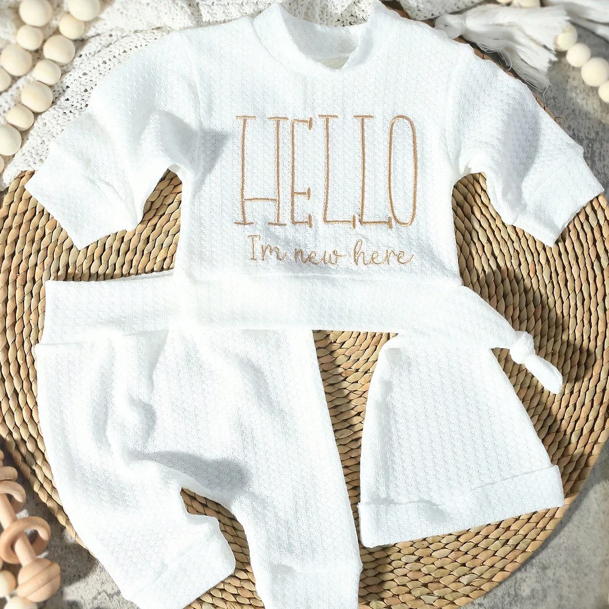 Newborn Baby 3Pcs Outfit Set ‘Hello World” Embroidery Waffle Knit Long Sleeve Top Pants Hat Infant Coming Home Clothes 0-3M