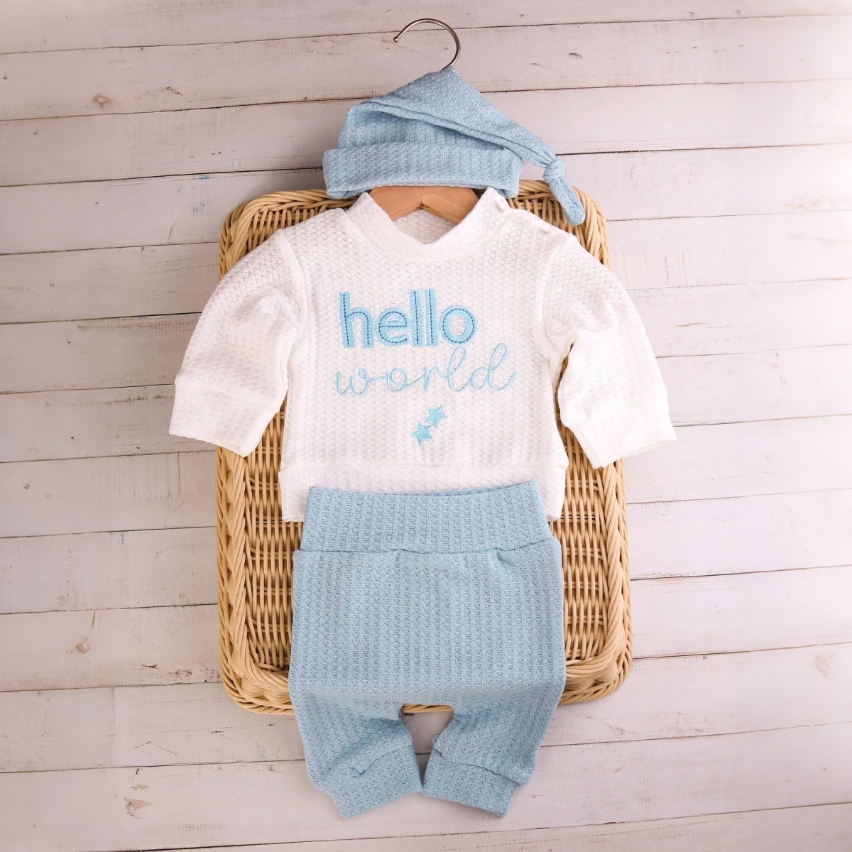 Newborn Baby 3Pcs Outfit Set ‘Hello World” Embroidery Waffle Knit Long Sleeve Top Pants Hat Infant Coming Home Clothes 0-3M