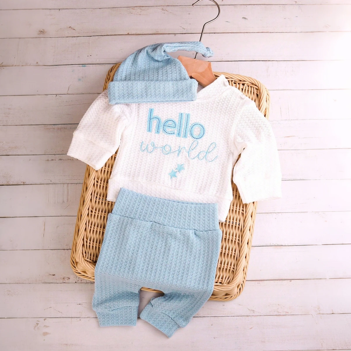 Newborn Baby 3Pcs Outfit Set ‘Hello World” Embroidery Waffle Knit Long Sleeve Top Pants Hat Infant Coming Home Clothes 0-3M